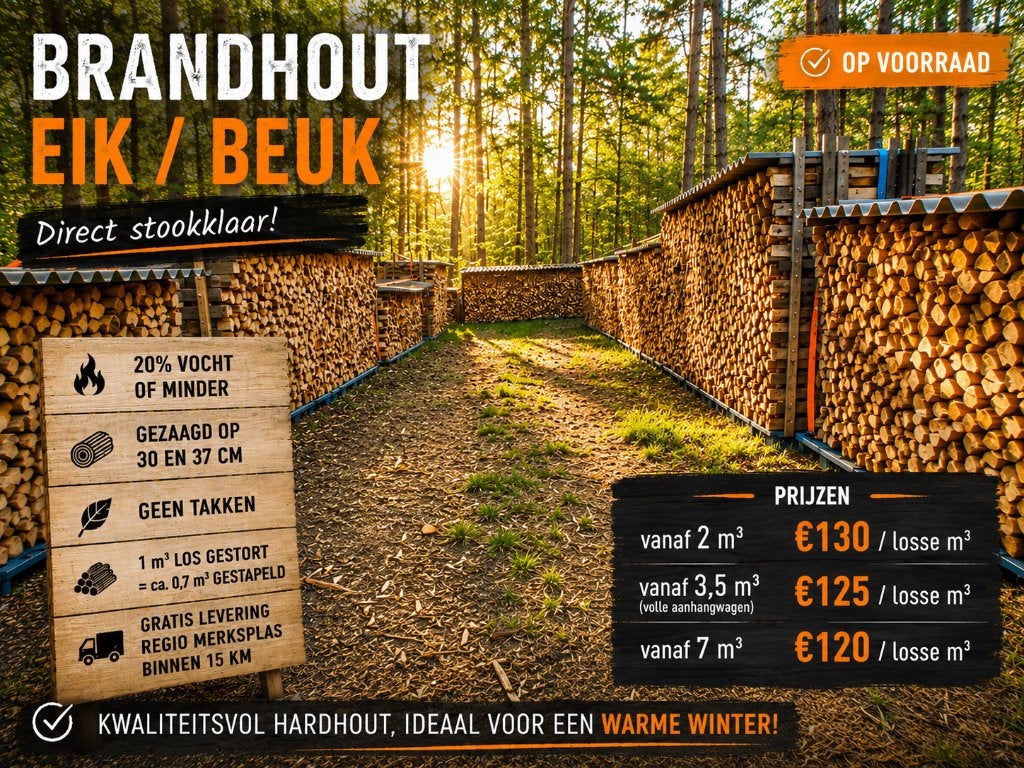 Droog brandhout eik • beuk • es - vanaf €120/m³, Tuin en Terras, Minder dan 3 m³, Ophalen, Eikenhout, Blokken