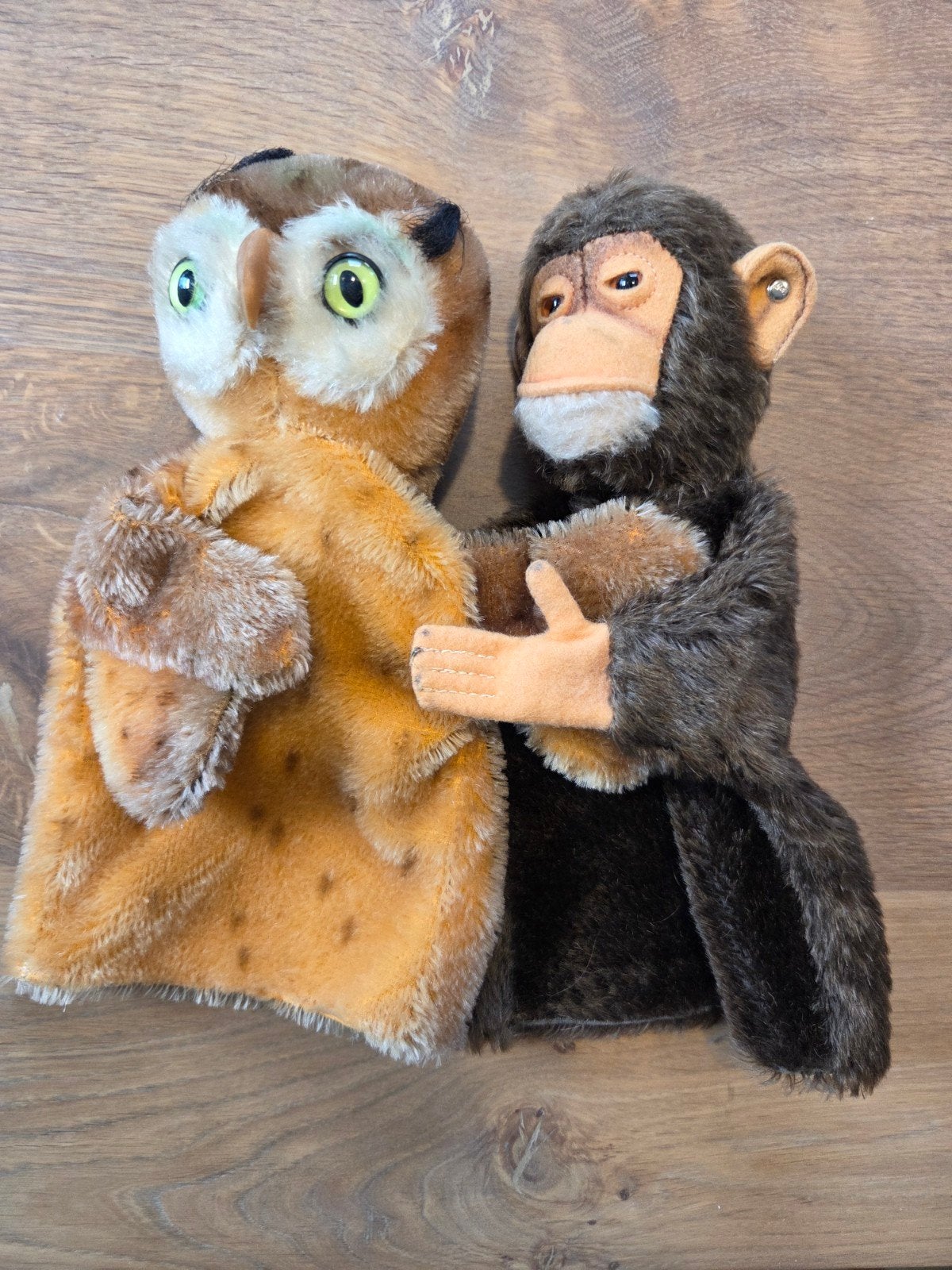 Steiff Jocko Aap en Uil Wittie Handpoppen, Ophalen of Verzenden, Gebruikt, Bruin, Aap