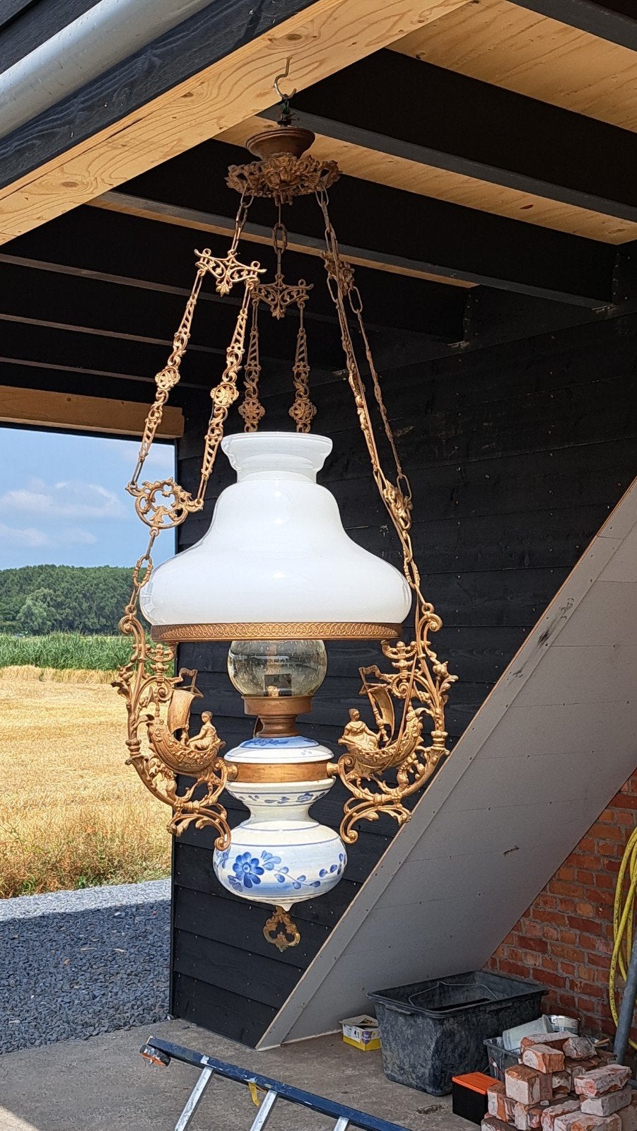 Antieke Delfts Blauwe Hanglamp met Scheepsdetails, Ophalen