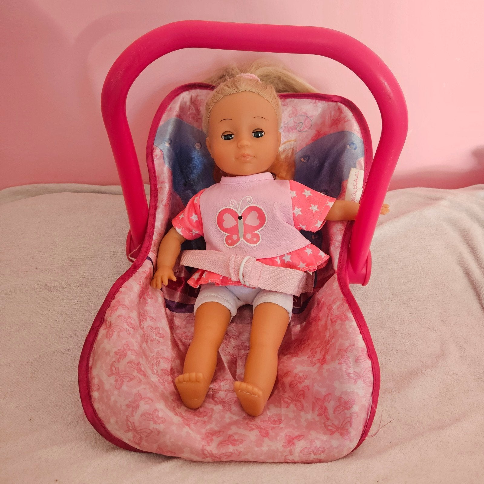 Bayer pop meisje blond haar reiswieg  maxi cosi, Ophalen of Verzenden, Zo goed als nieuw, Babypop