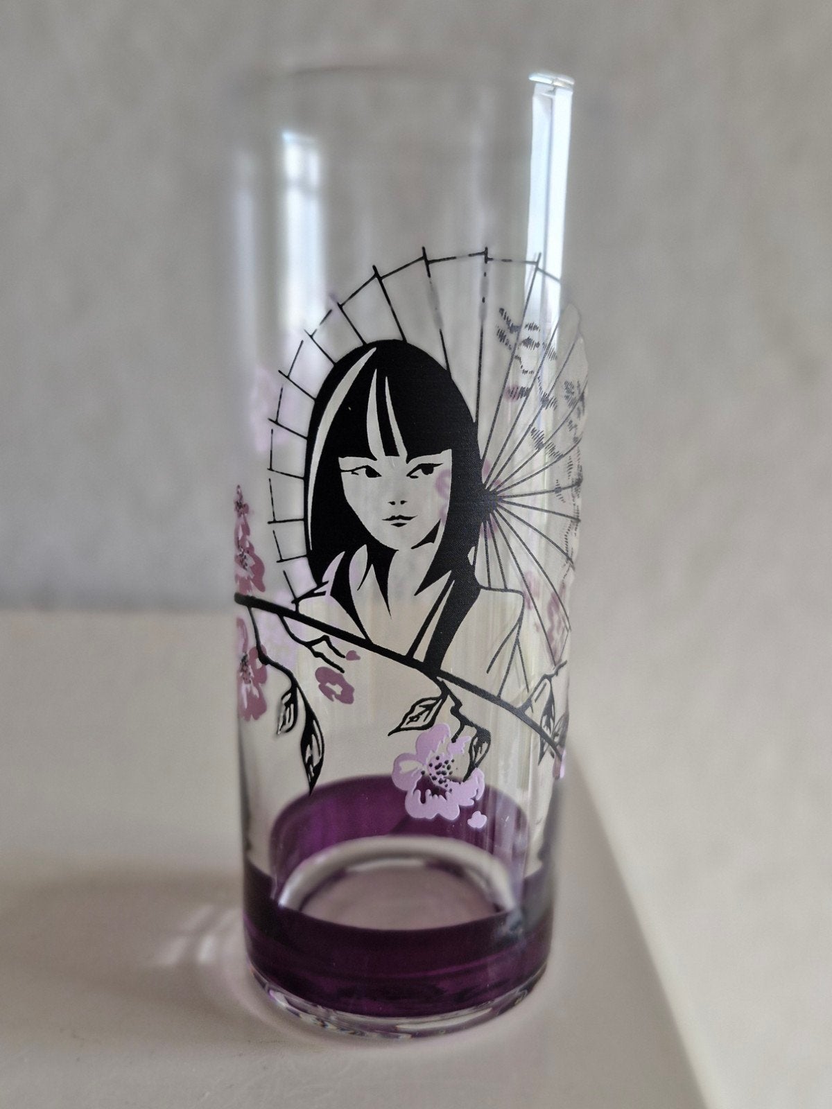 Vintage glas met Japanse dame en kersenbloesem, Ophalen of Verzenden
