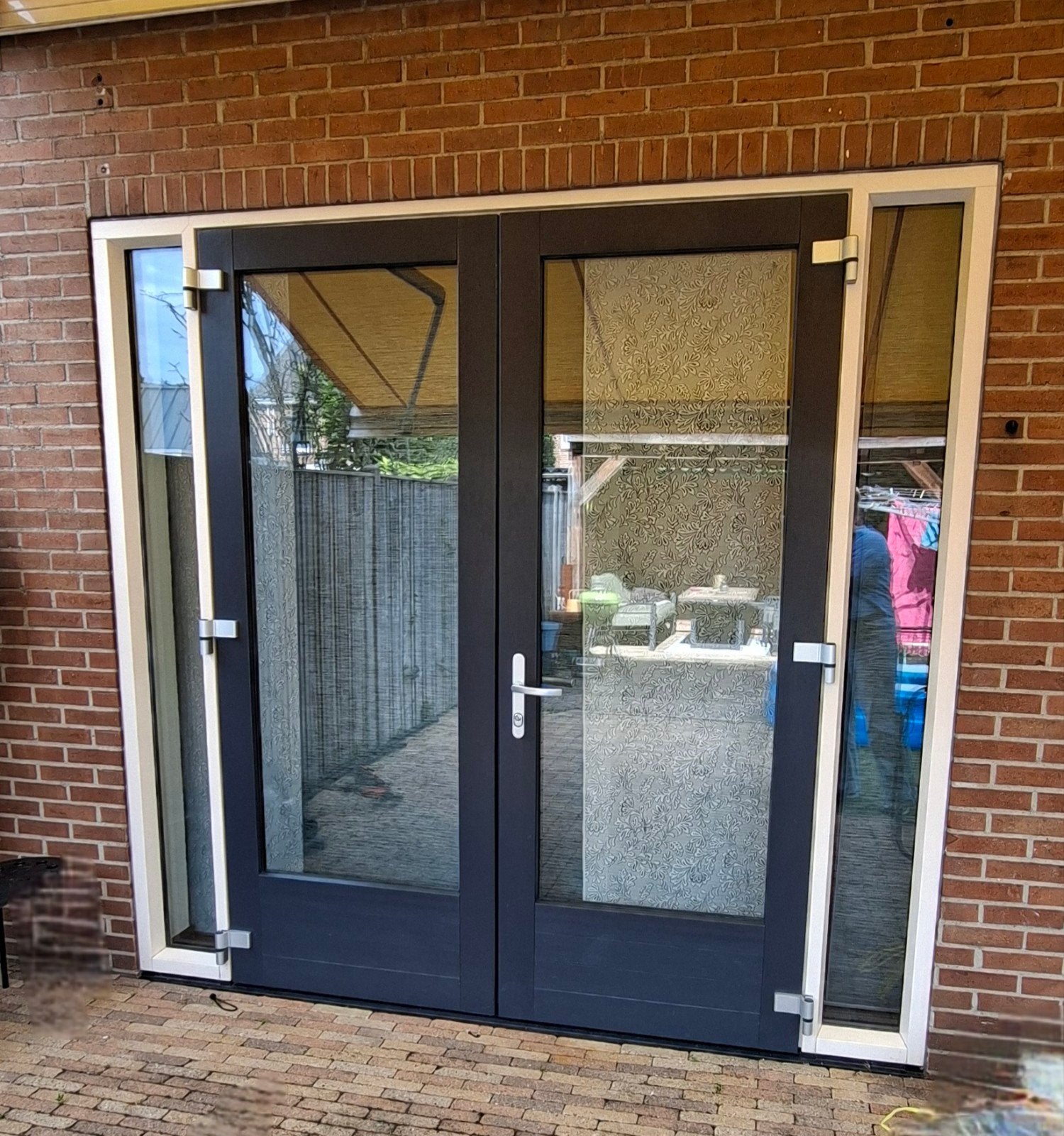 Kunststof kozijn met openslaande deuren, 2.49m breed, wit, Ophalen, Buitendeur, Glas, 120 cm of meer