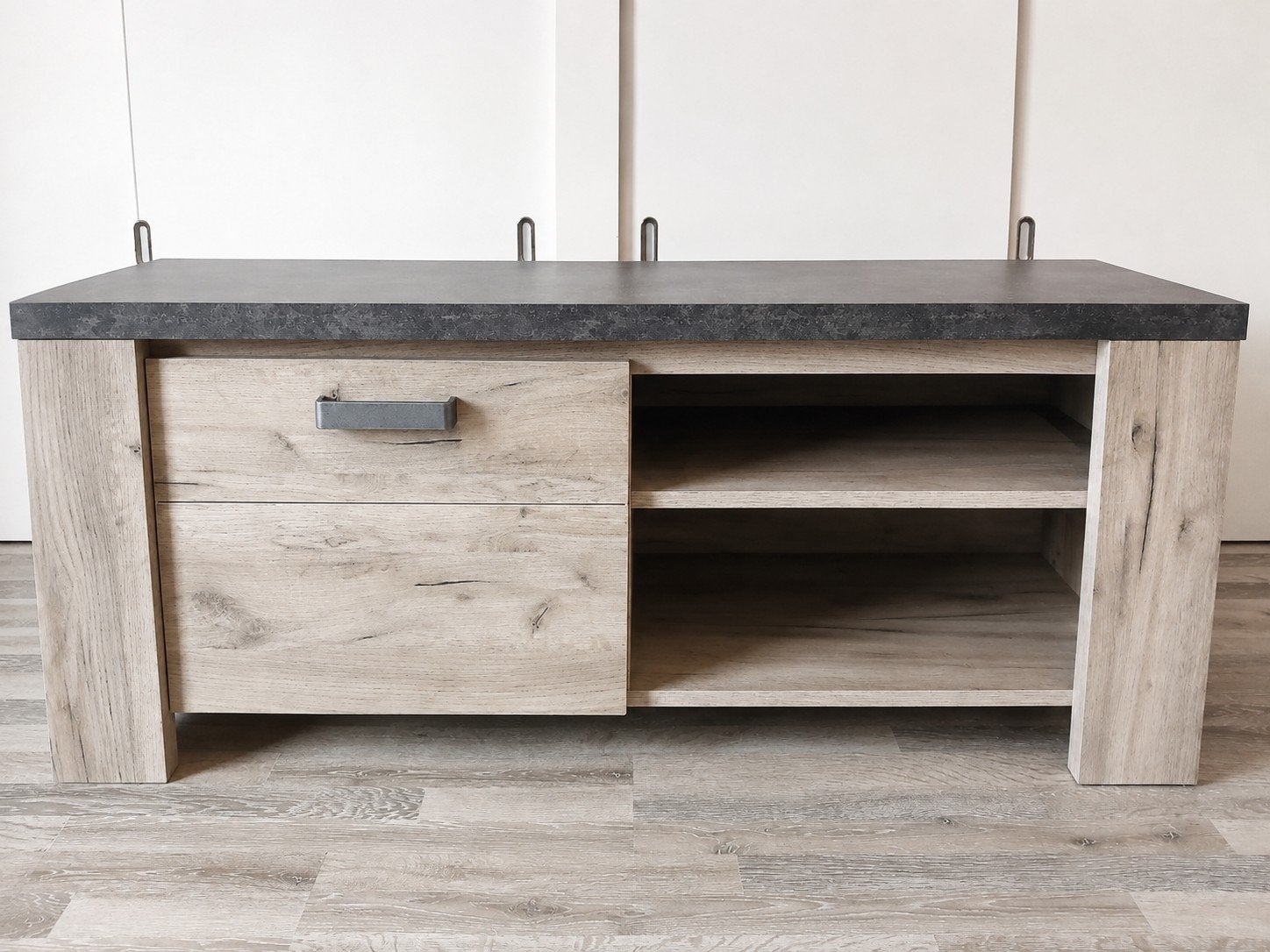 Modern tv-meubel met lades en open vakken, Ophalen, 100 tot 150 cm, Modern, Industrieel, Minder dan 100 cm