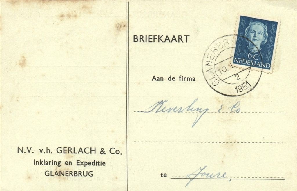 NV v.h. Gerlach + Co., Glanerbrug - 01.1951 - briefkaart, Ophalen of Verzenden, Briefkaart