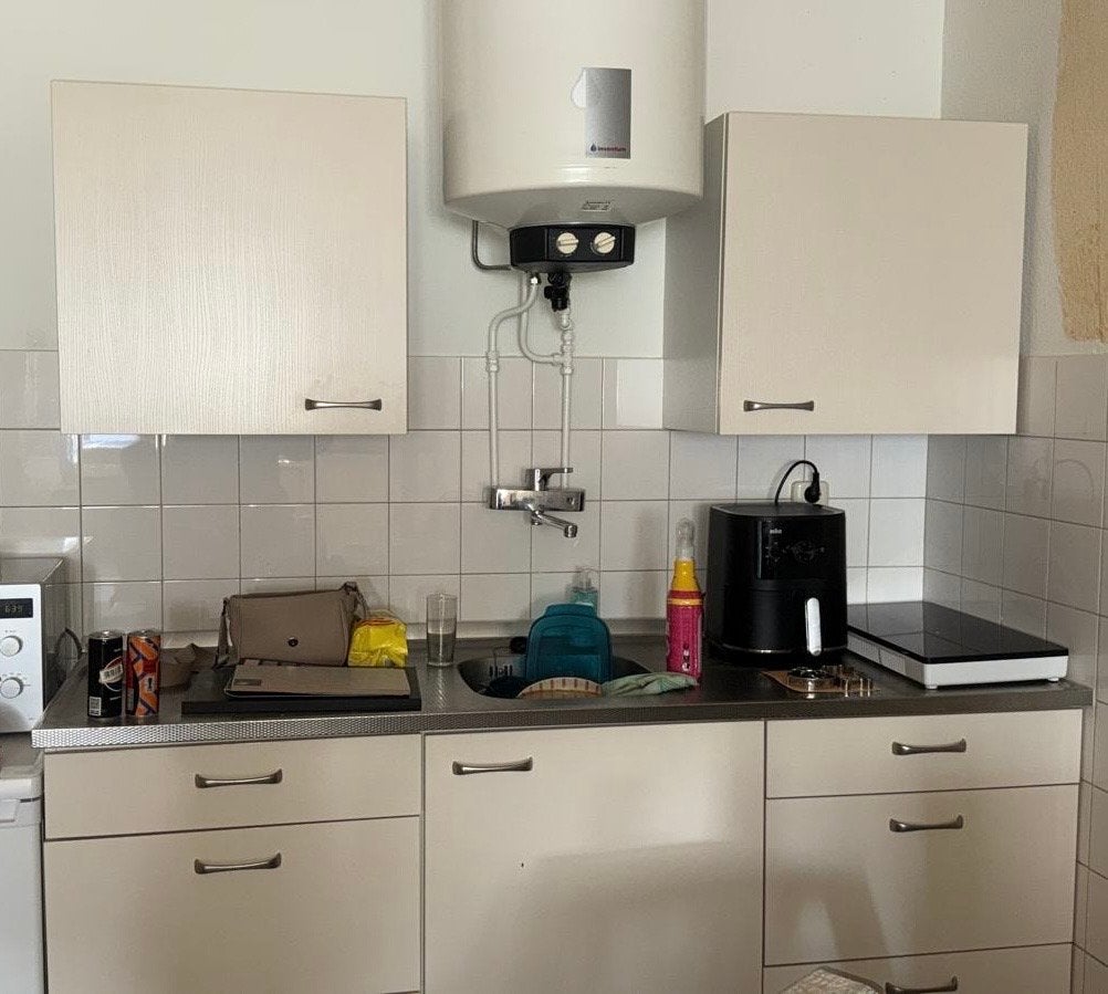 Keukenblok 180x60 met RVS aanrechtblad en spoelbak, Gebruikt, Enkelwandige keuken, Ophalen of Verzenden, Crème