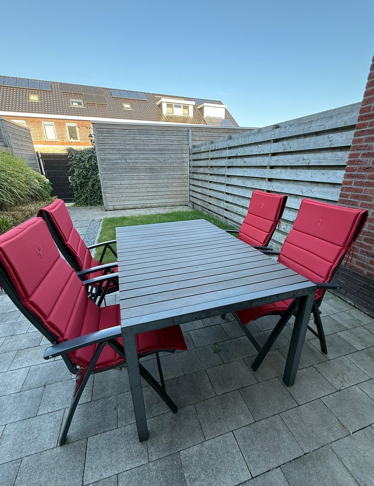 Tuinset: Tafel met 4 verstelbare stoelen en kussens, Tuin en Terras, Ophalen, Gebruikt, Metaal, Inklapbaar