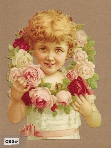 Kindje met bloemenkrans & roze lint poezieplaatjes 5056, Verzamelen, Ophalen of Verzenden