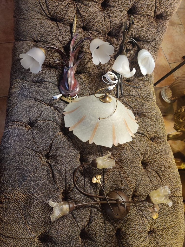 Complete vintage bloemlamp set – 3 wandlampen + plafondlamp, Ophalen