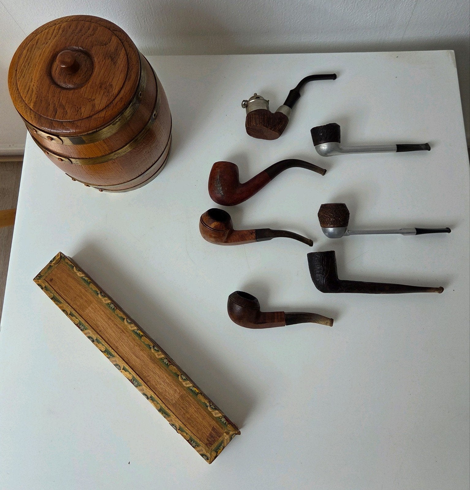 Collectie van 7 vintage pijpen en 2 tabaksdozen, Verzamelen, Rookartikelen, Aanstekers en Luciferdoosjes, Gebruikt, (Water)pijp