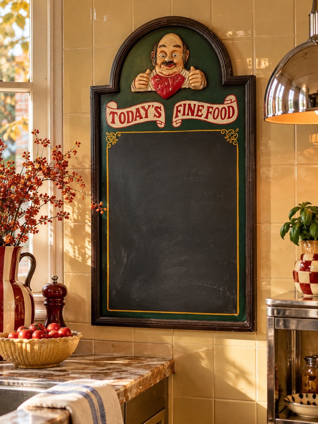 Vintage Krijtbord met 3D Kok - Today's Fine Food, Ophalen of Verzenden, Gebruikt, Meerkleurig, Vintage