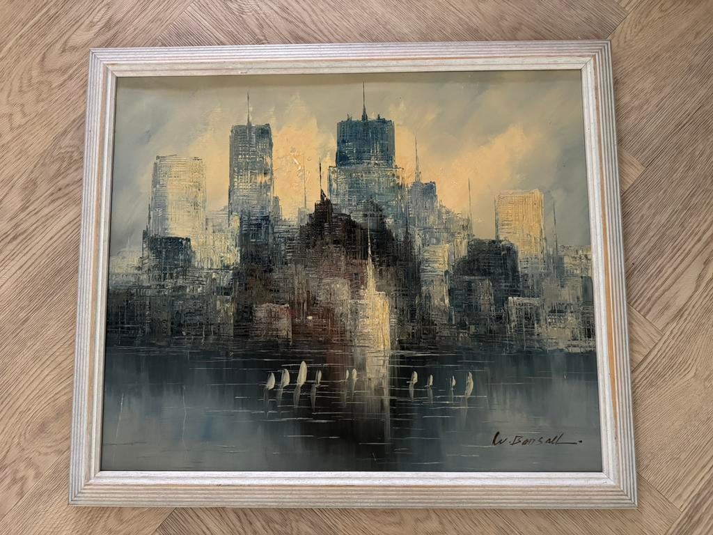 Schilderij W. Bonsall, skyline New York, Antiek en Kunst, Ophalen