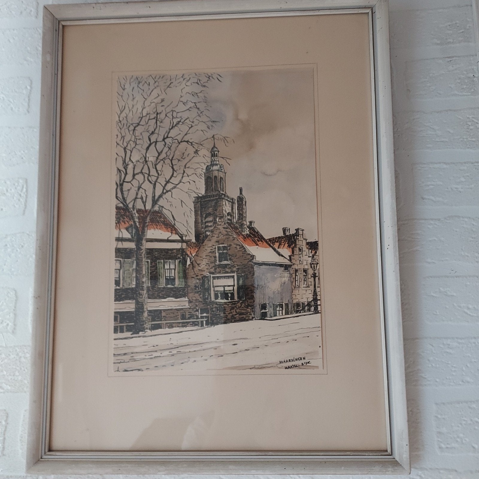 Vlaardingen Maassluis Dijk - Winterlandschap Tekening, Antiek en Kunst, Ophalen, Tekening, Gemengde techniek, Ingelijst