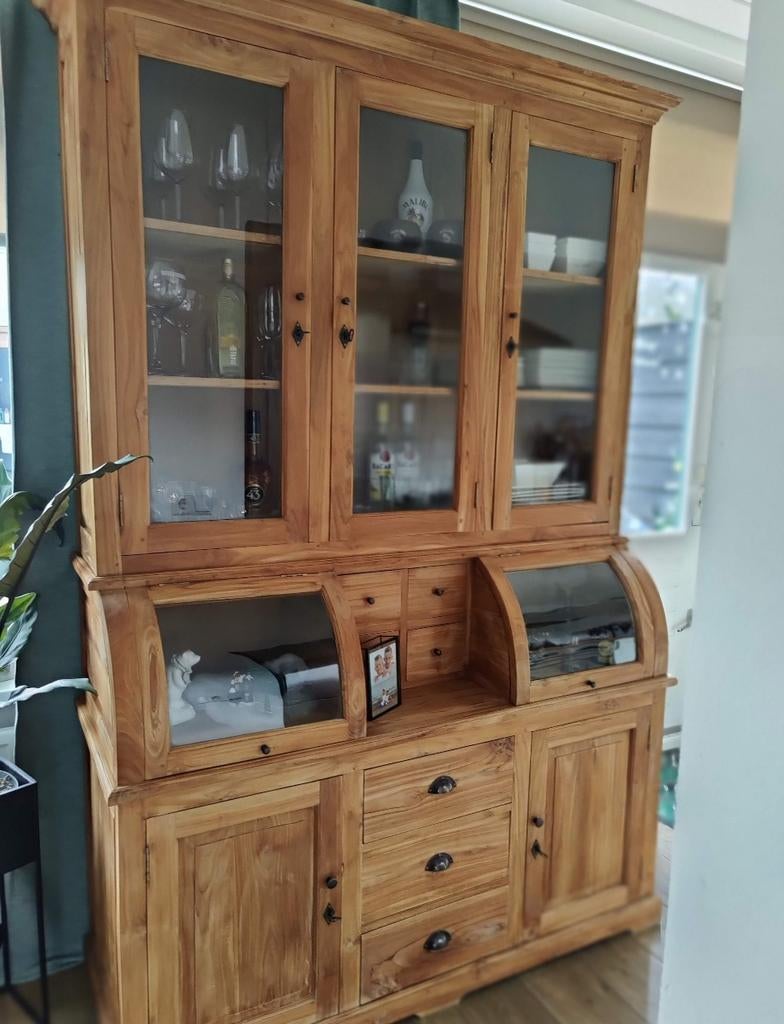 Teakhouten buffetkast met vitrine, Huis en Inrichting, 100 tot 150 cm, Glas, Ophalen of Verzenden, Zo goed als nieuw
