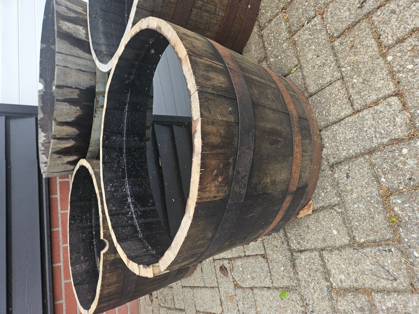 Wijnvat bloembak / regenton - Diverse maten, Gebruikt, Rond, Ophalen of Verzenden, Balkon