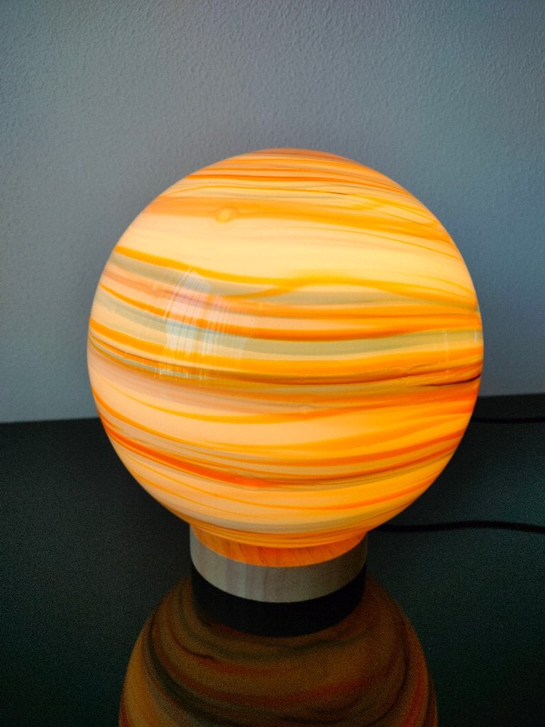 Murano Lamp Bol Oranje Turquoise Wit Filigrana 1980, Oranje, Ophalen of Verzenden, Glas, Design
