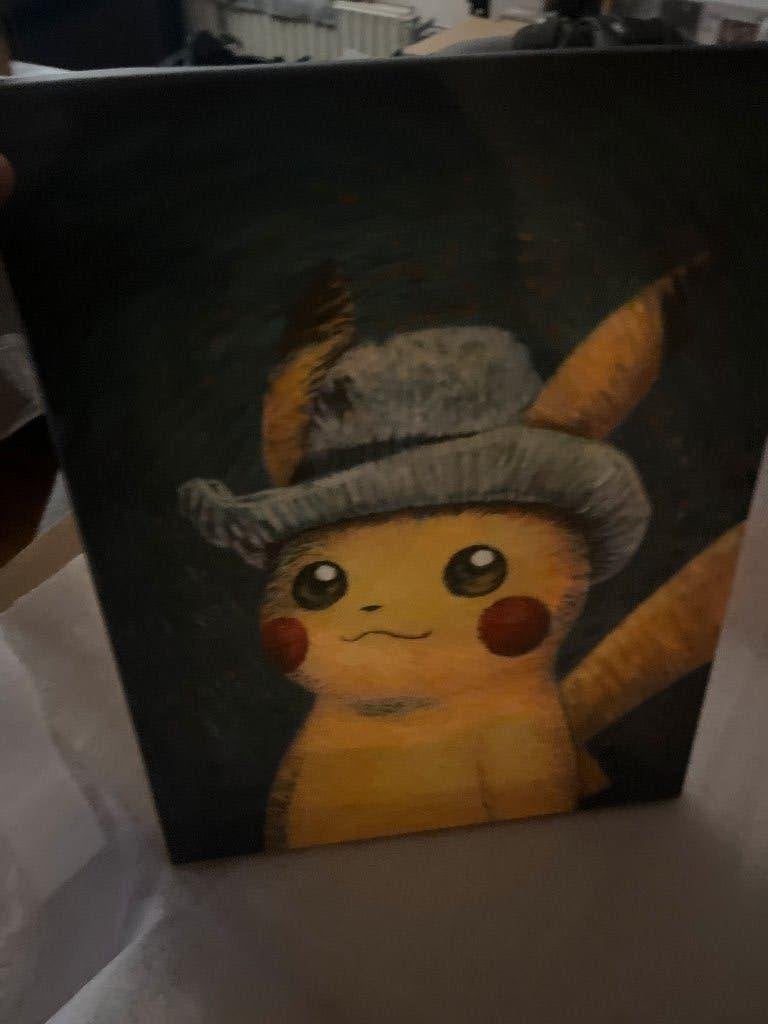 Canvas Pikachu met grijze  - Van Gogh Museum x Pokémon, Abstract, Ophalen of Verzenden, Textiel, Gelimiteerde oplage