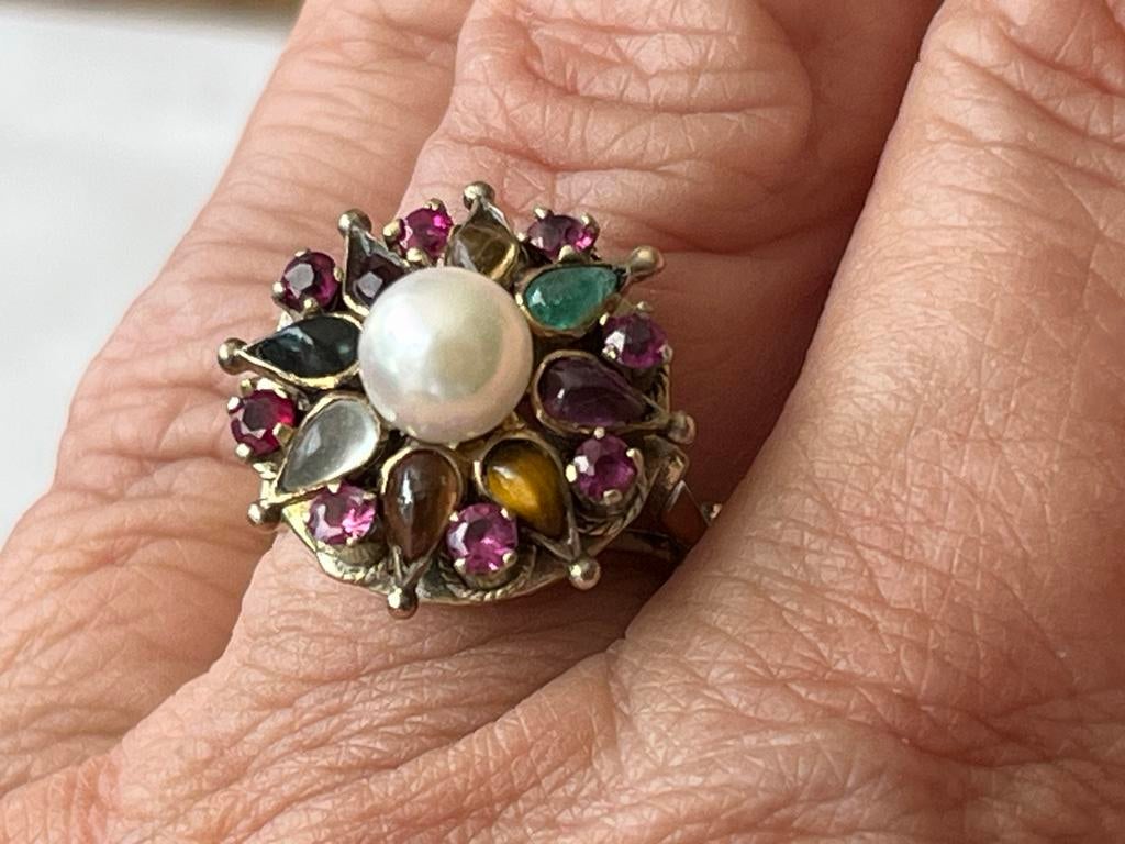 Gouden ring 14 CT met Parel, Smaragd, Robijn, Tijgeroog, Maa, Sieraden, Tassen en Uiterlijk, Ringen, Verzenden, Zo goed als nieuw