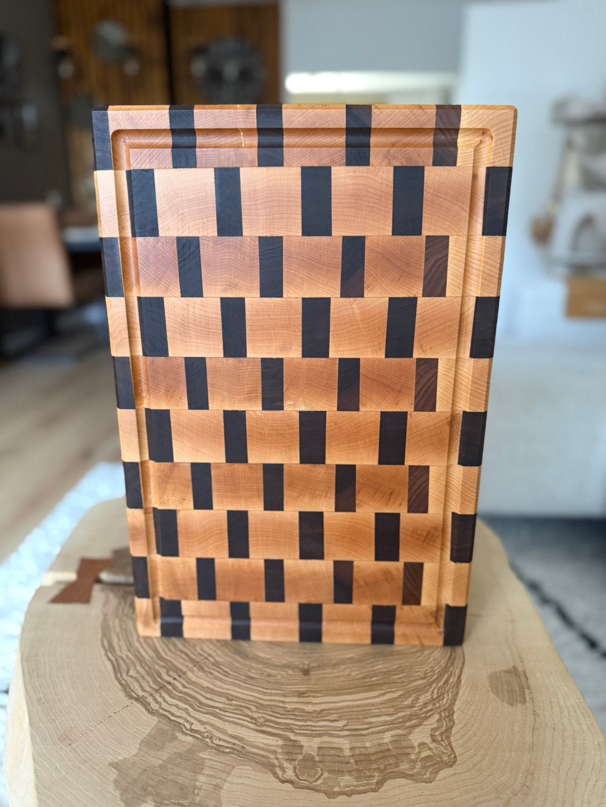 Handgemaakte End Grain Snijplank – Kersenhout & Walnoot, Huis en Inrichting, Ophalen of Verzenden, Nieuw