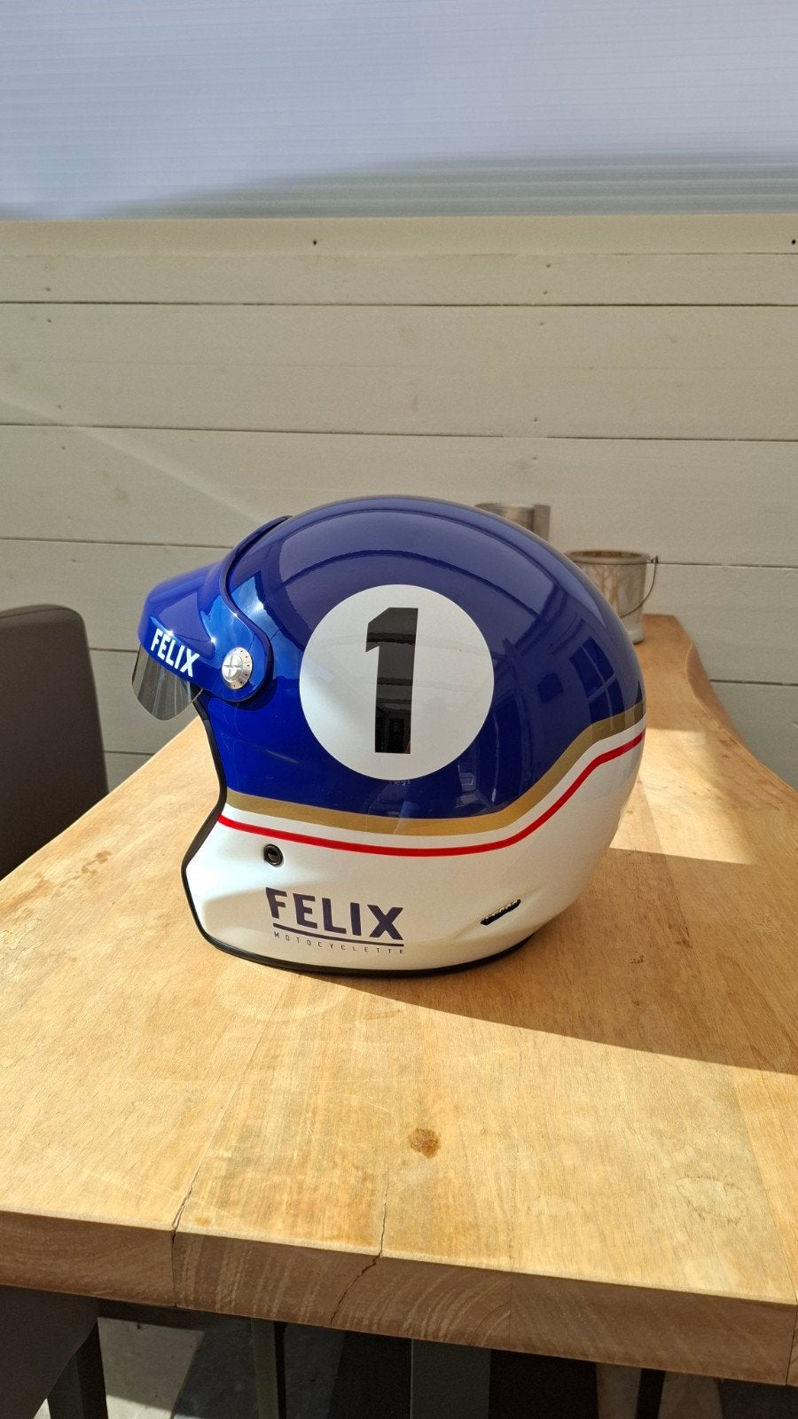 Felix Jethelm Maat L - Blauw/Wit met nummer 1, Overige merken, Dames, Jethelm, Ophalen of Verzenden