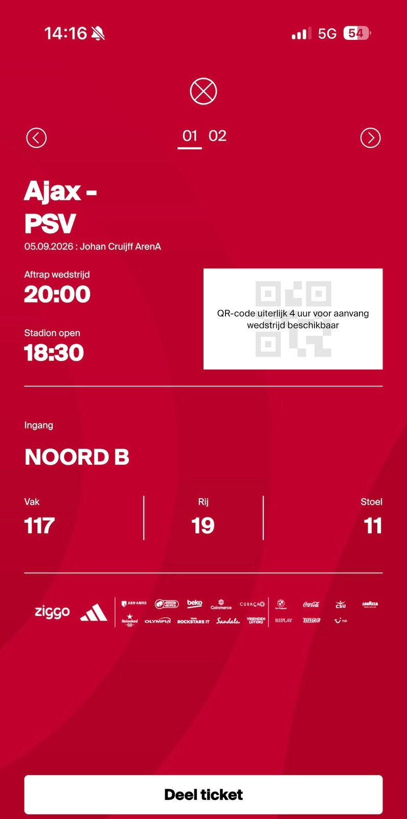 2 Tickets Ajax PSV, Tickets en Kaartjes, Losse kaart, Twee personen, September