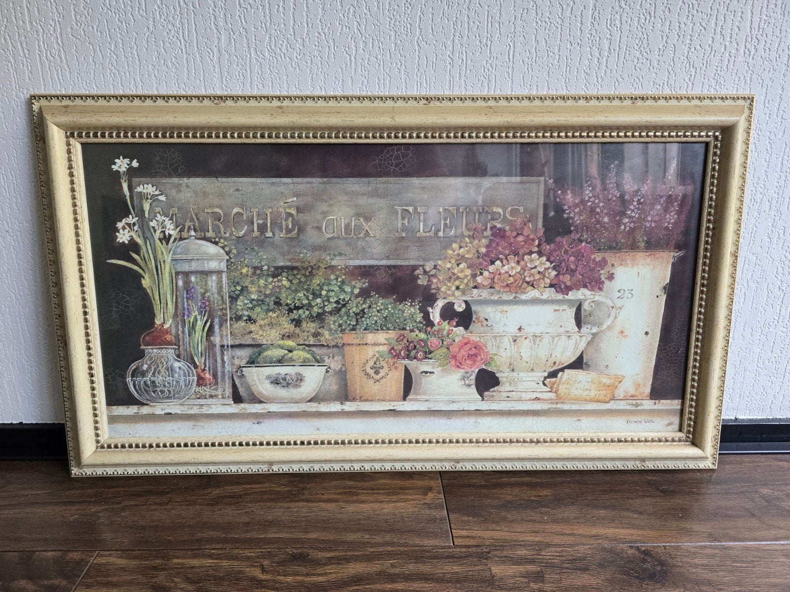 Schilderij "Marché aux Fleurs" met lijst en glasplaat, Antiek en Kunst, Ingelijst, Print, Papier, Vintage