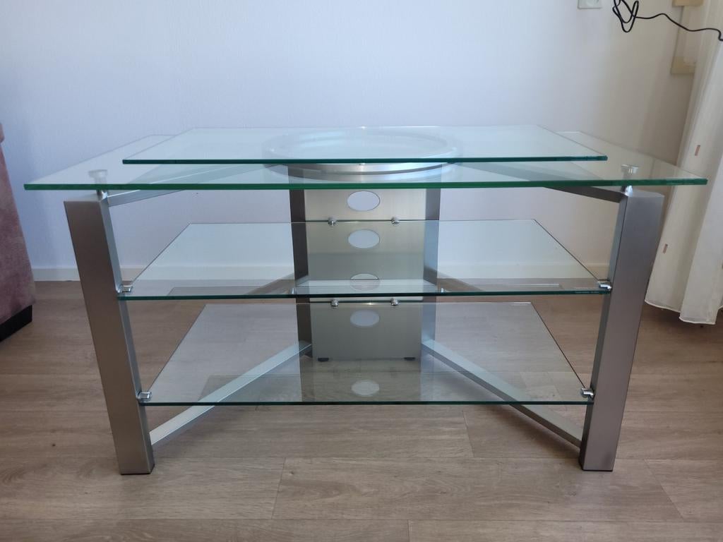 RVS en glazen televisiemeubel met draaiplateau, 100 tot 150 cm, Modern RVS met glas., Ophalen of Verzenden, Zo goed als nieuw