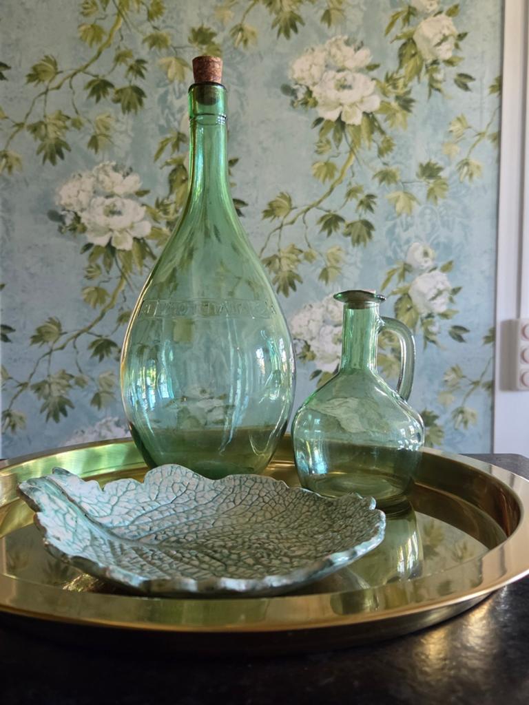 Vintage wijnkaraf, lichtgroen en koolblad schaaltje, Ophalen of Verzenden