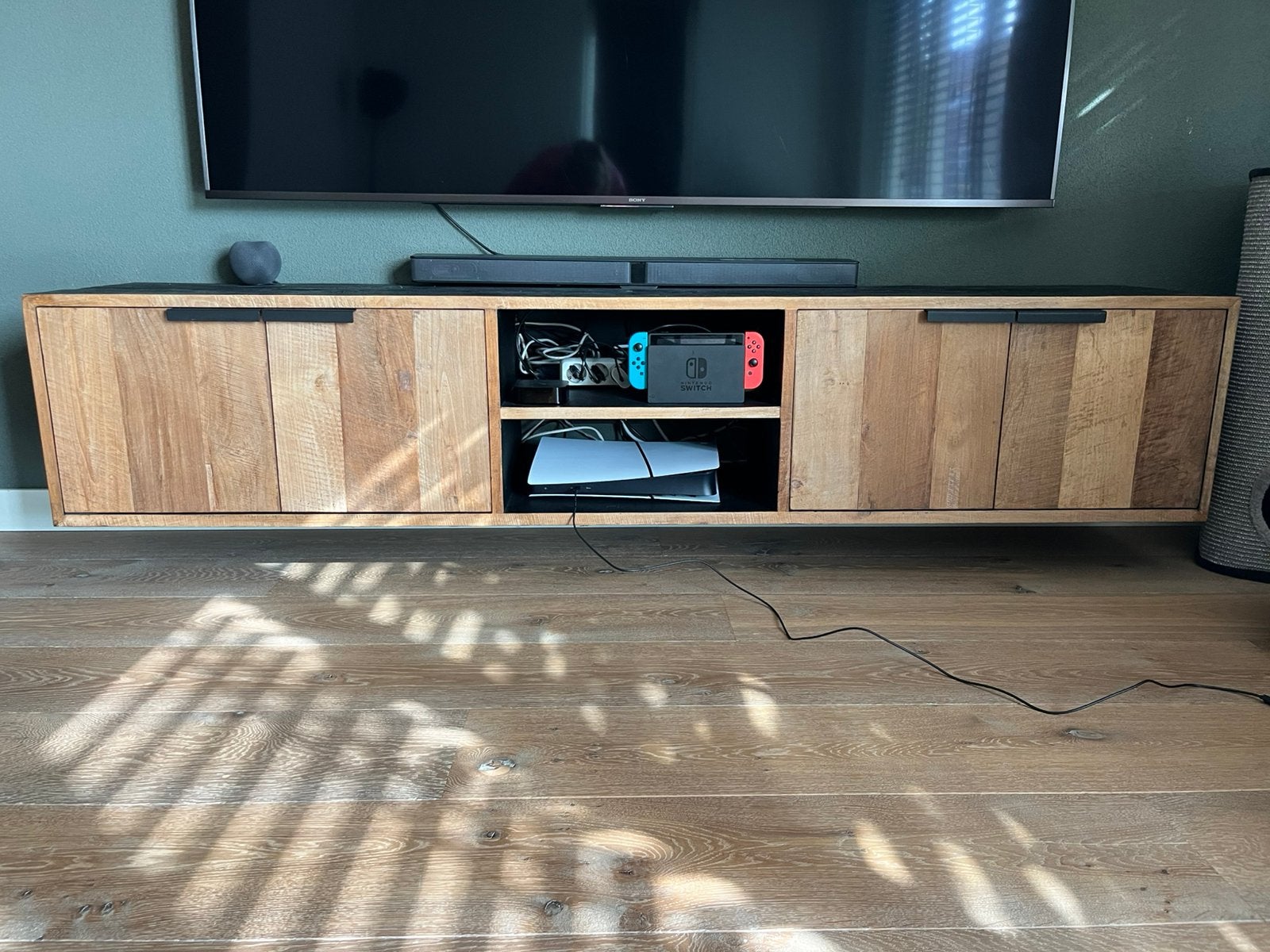Zwevend tv meubel Mango hout - 205 cm, Ophalen, Zo goed als nieuw, 200 cm of meer, Minder dan 100 cm