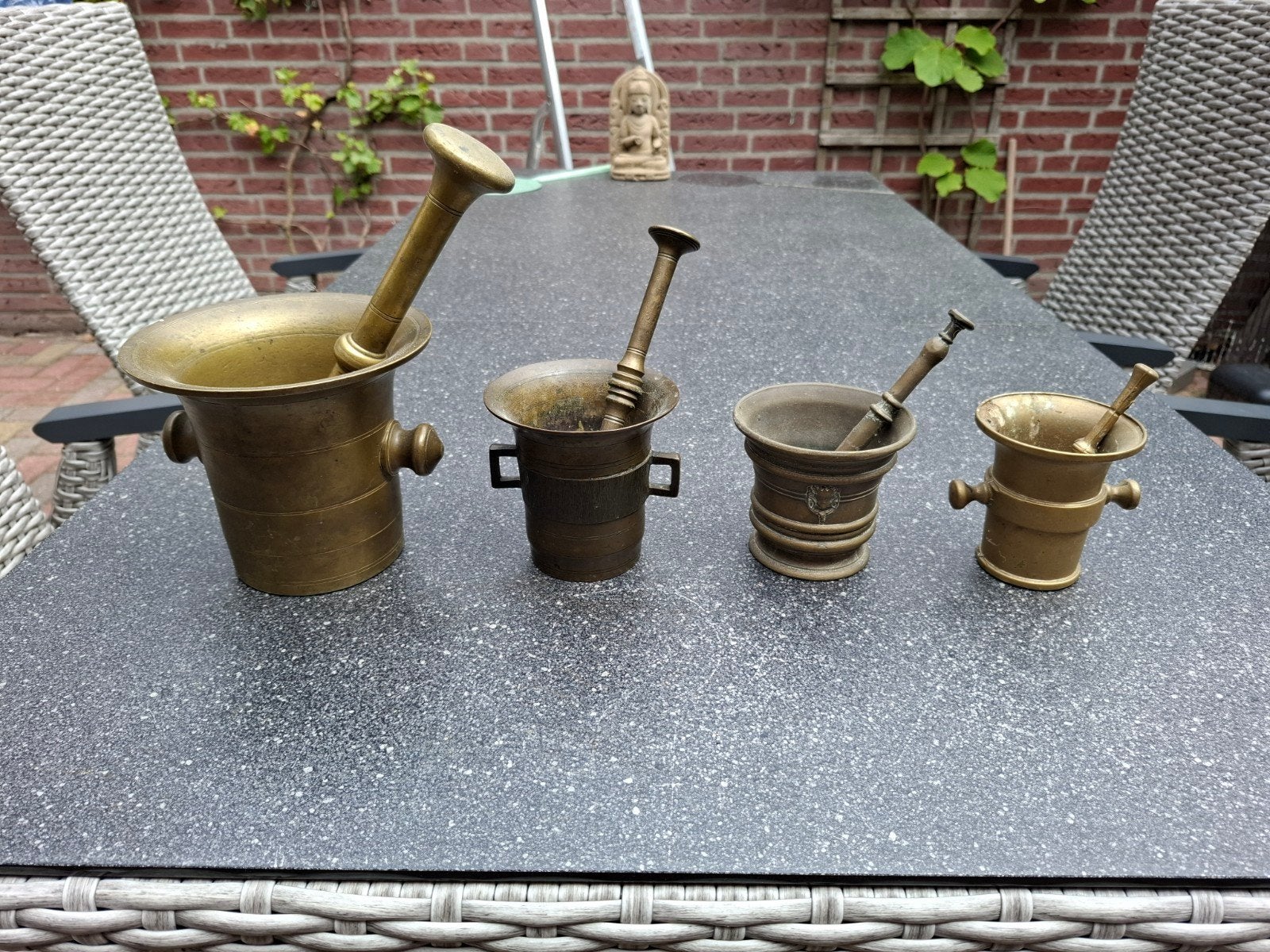 Set van 4 antieke bronzen vijzels met stampers, Antiek en Kunst, Antiek | Overige Antiek, Ophalen