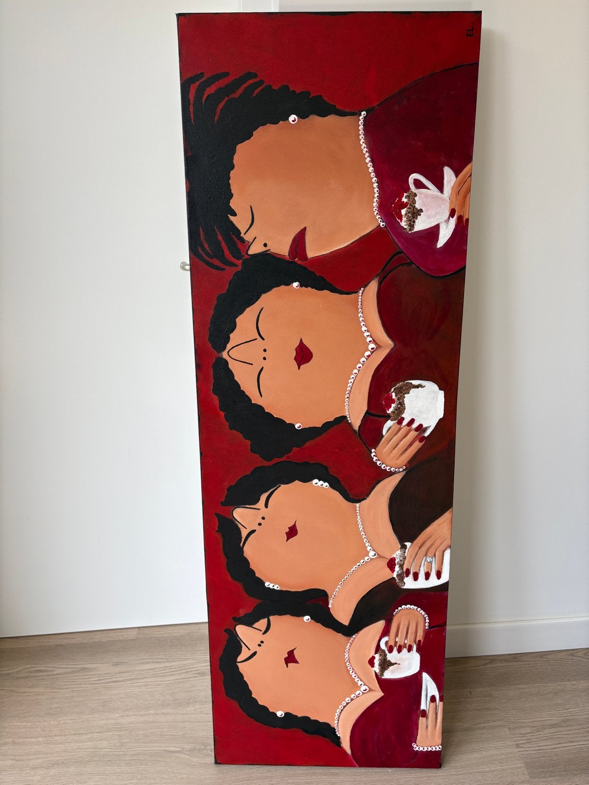 Vrouwen met koffie en gebak - Modern schilderij, Acrylverf, Portret of Personen, Ophalen of Verzenden, Handgeschilderd