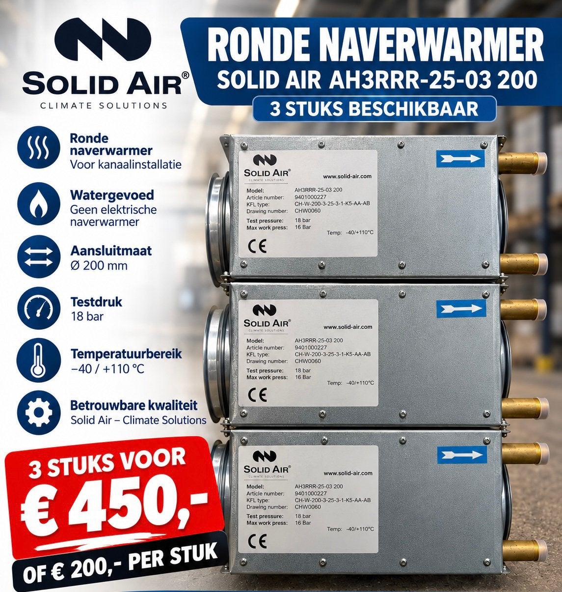 3 st naverwarmer luchtkanaal diameter rond 200, Ophalen of Verzenden, Nieuw