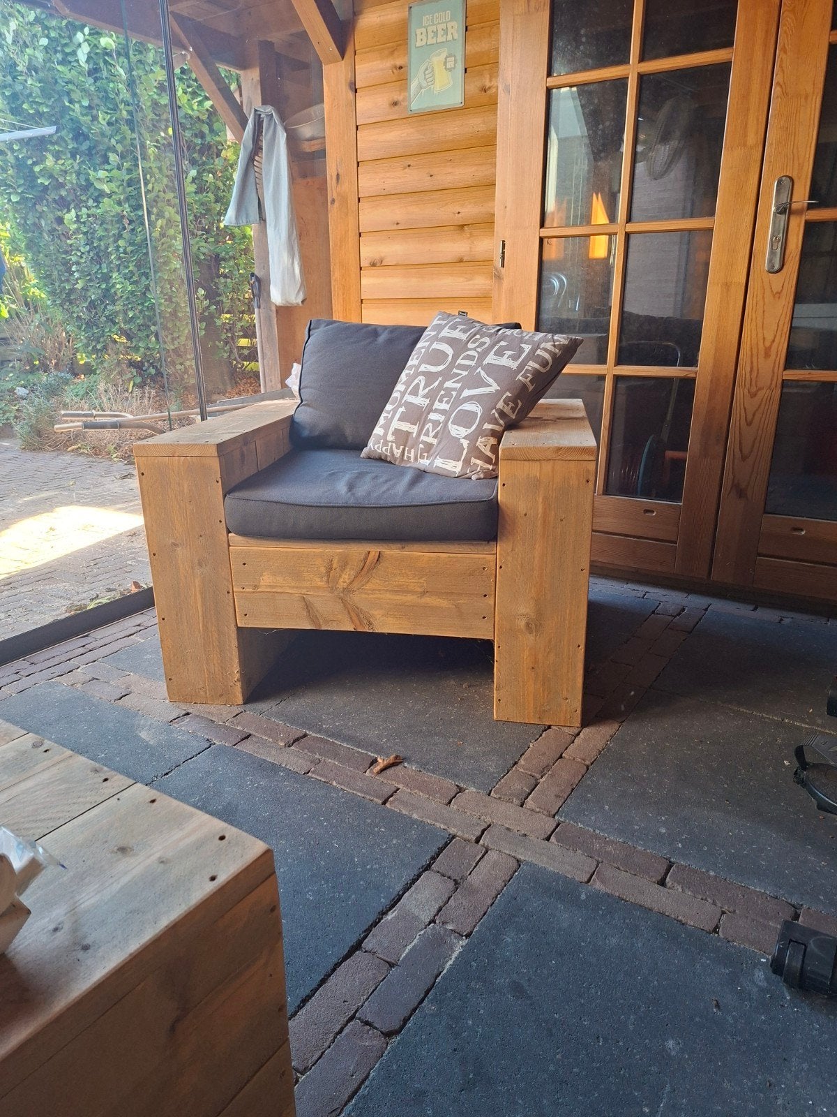 Steigerhouten loungeset met verhoogde zit (60cm), Ophalen, 5 zitplaatsen, Gebruikt, Steigerhout