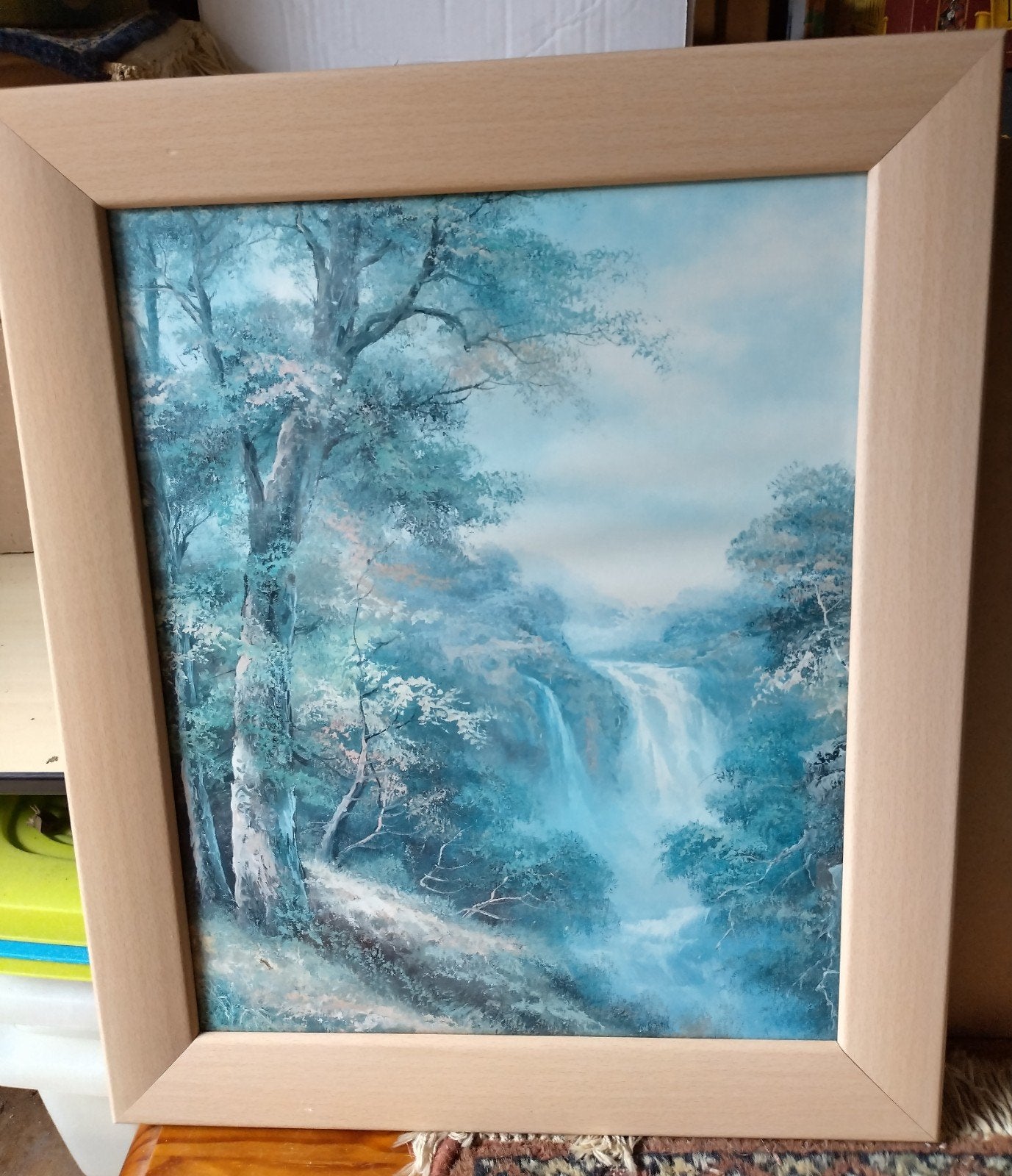 ingelijste prent van waterval en boslandschap, Ophalen of Verzenden