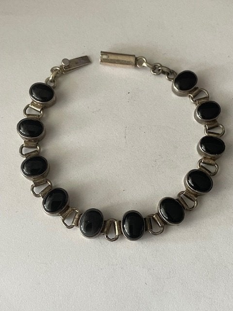 Zilveren vintage armband met Zwarte Onyx stenen, Ophalen of Verzenden, Zilver, Armband