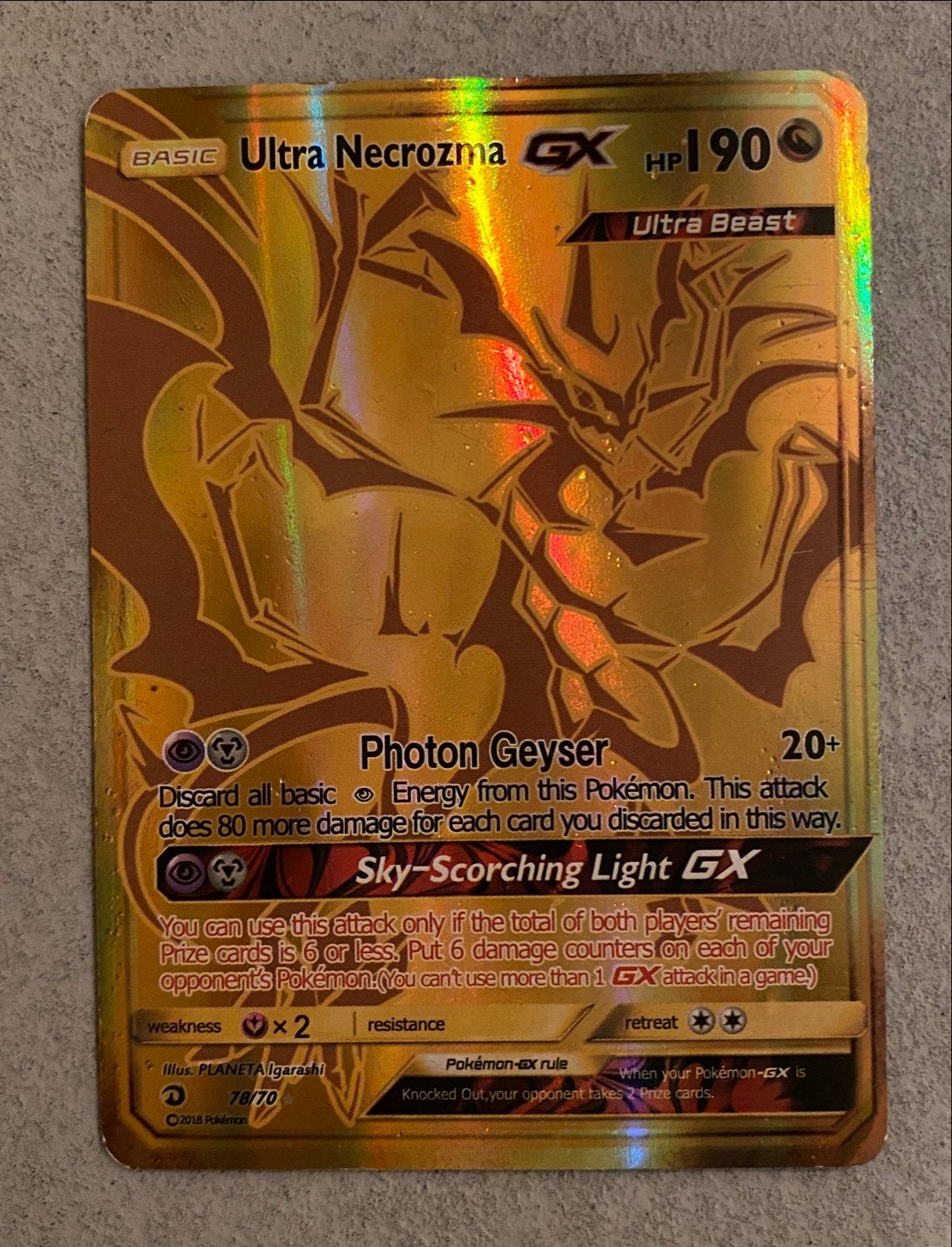 Ultra Necrozma GX Gouden Pokemonkaart, Ophalen of Verzenden, Zo goed als nieuw, Losse kaart, Foil