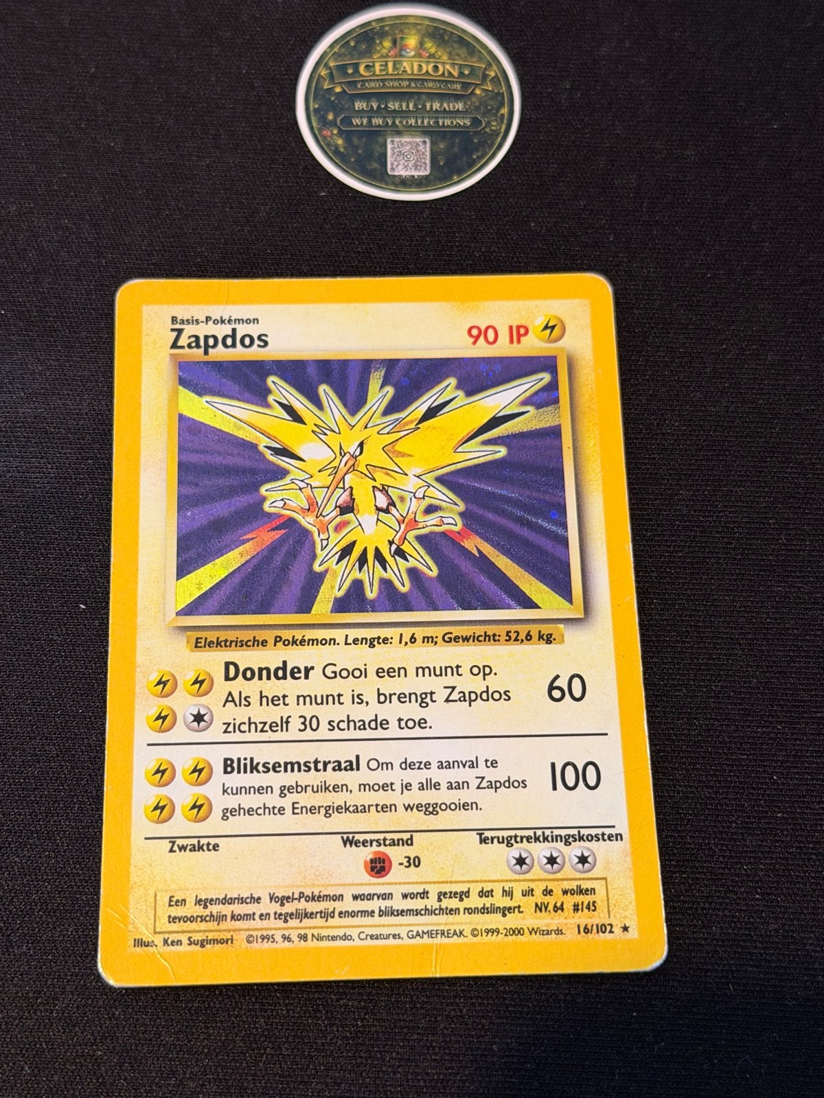 Zapdos Holo 16/102 Base Set Pokemon Kaart, Ophalen of Verzenden, Gebruikt, Losse kaart, Foil