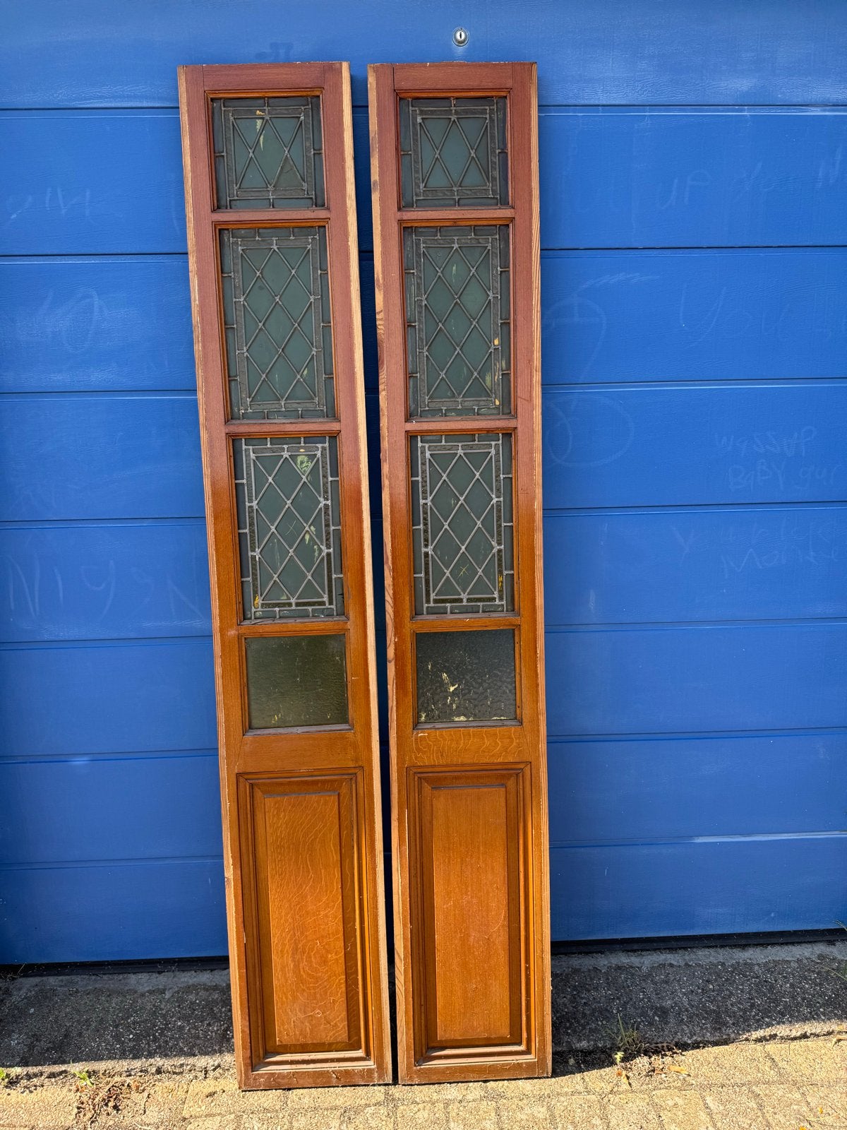 Set van 2 antieke glas-in-lood ramen, Doe-het-zelf en Verbouw, Ophalen, Gevelraam of Ruit, Gebruikt, Minder dan 80 cm