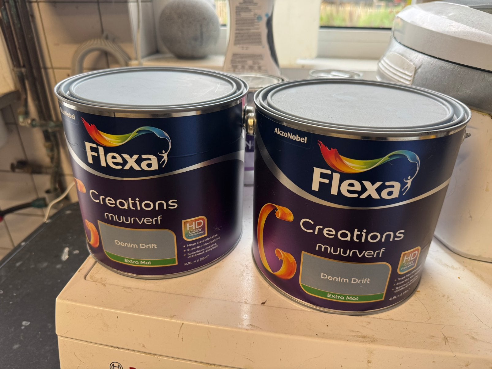 2x Flexa muurverf Creations denim Drift extra mat 2,5 liter, Doe-het-zelf en Verbouw, Verf, Beits en Lak, Nieuw, Ophalen of Verzenden