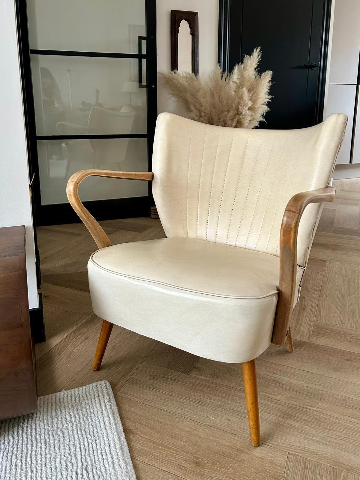 Vintage cocktail fauteuil - crème leer, Huis en Inrichting, Ophalen, Gebruikt, 50 tot 75 cm, Leer