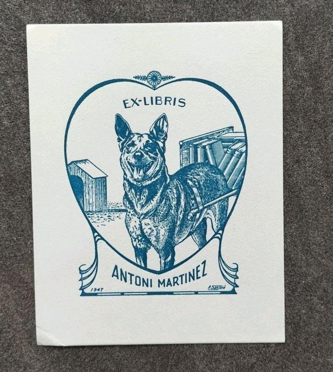 Exlibris Antoni Martinez (P. San José, 1947) (Hond: herder), Antiek en Kunst, 9 cm, 1900 - 1949, Ex libris, Ophalen of Verzenden