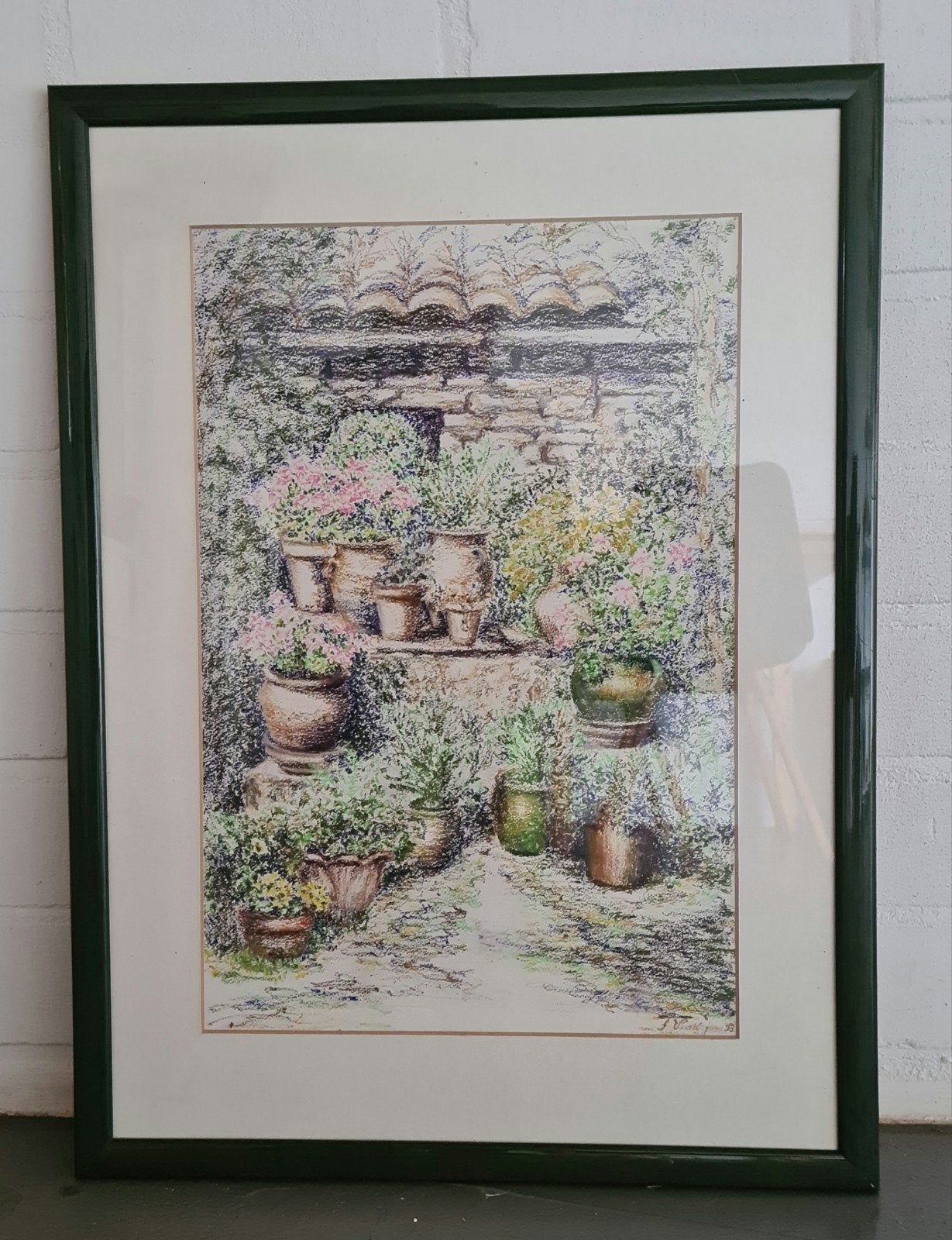 Sfeervol schilderij van pastelkrijt van een mediterrane tuin, Antiek en Kunst, Kunst | Schilderijen | Klassiek, Ophalen