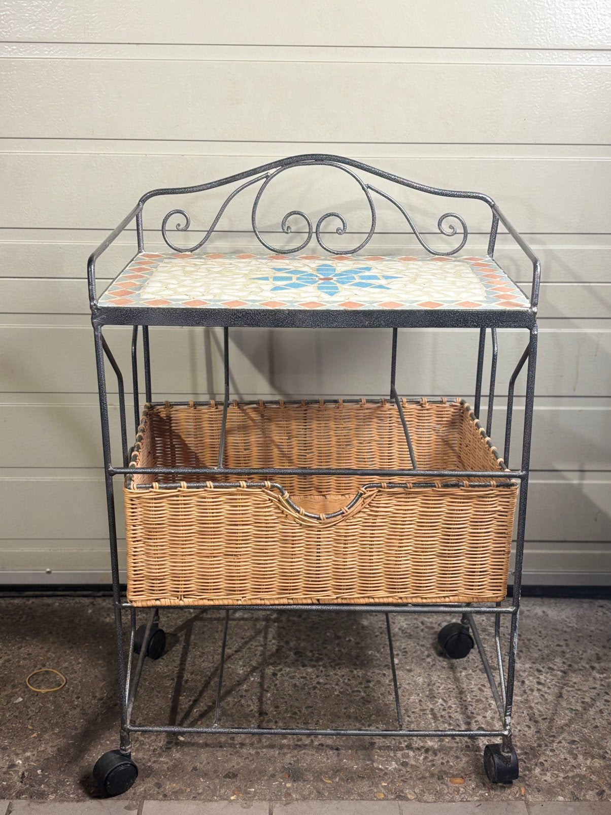 Vintage Smeedijzeren Serveerwagen Mozaïek & Rotan Mand 60 70, Ophalen