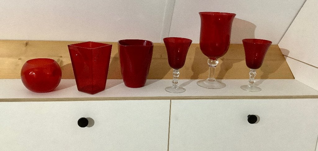 Set van 6 rode glazen vazen/windlicht/potpourri/of decoratie, Ophalen of Verzenden, Minder dan 50 cm, Rood, Glas