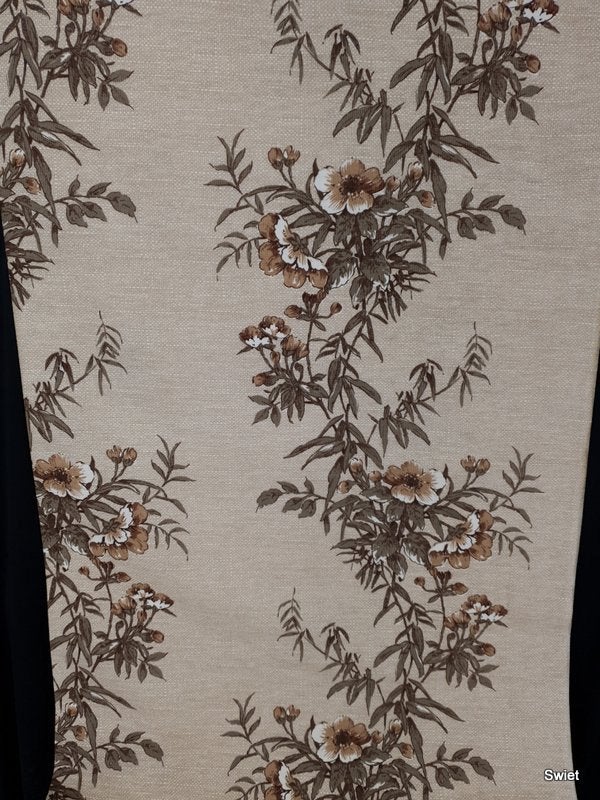 13243 Vintage stof met bruine bloemen op linnenlook swiet, Overige materialen, Overige kleuren, 120 cm of meer, Ophalen of Verzenden