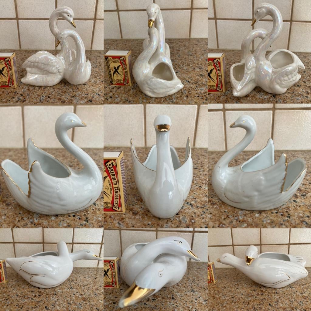 3 kleine zwanen kitsch mini kleine bloempotjes plantenpotjes, Ophalen of Verzenden, Zo goed als nieuw, Balkon, Overige vormen