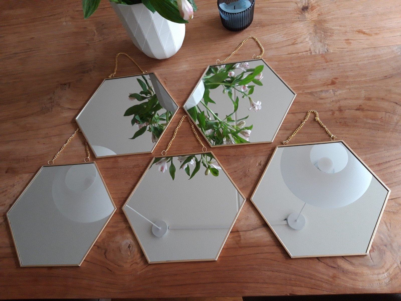 *Nieuw* Spiegel Hexagon met smal gouden frame!, Huis en Inrichting, Woonaccessoires | Spiegels, Minder dan 50 cm, Nieuw, Ophalen of Verzenden