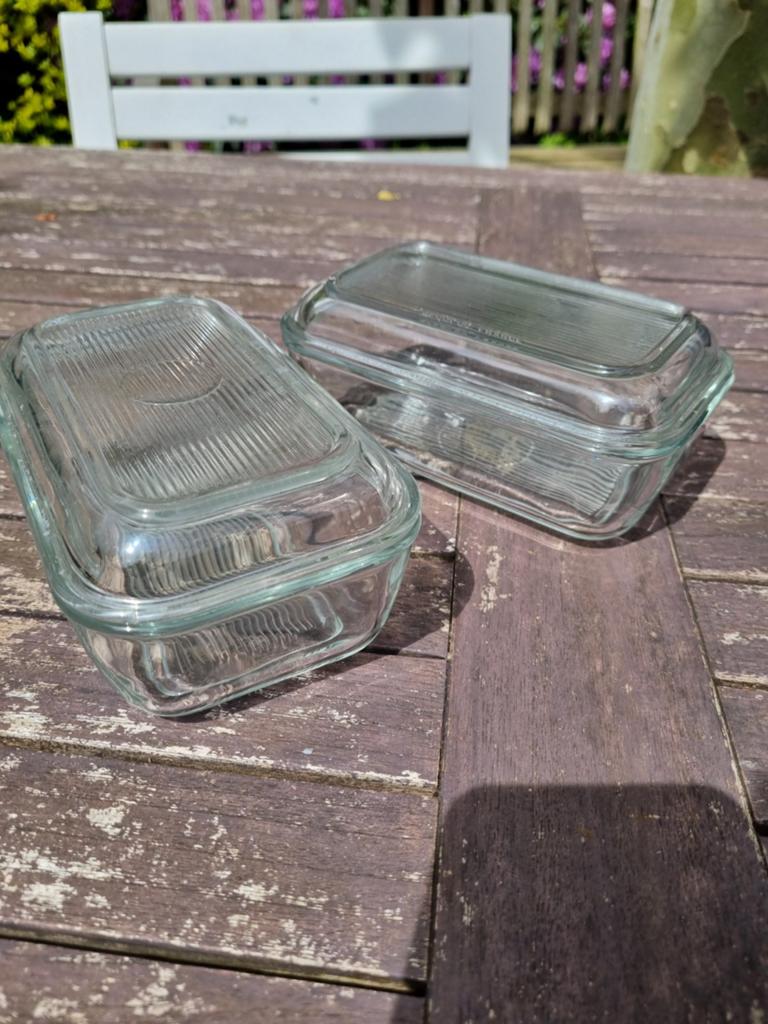 2 x botervloot of voorraaddoos van glas, Glas of Glazen, Ophalen of Verzenden, Overige stijlen, Glas