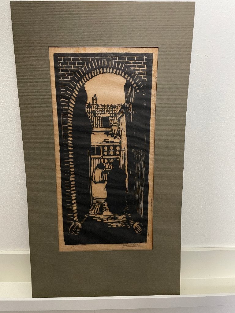 Houtsnede/Linosnede gesigneerd- Steegje, 31 cm, 1950 - 1999, Stadsgezicht, Ophalen of Verzenden