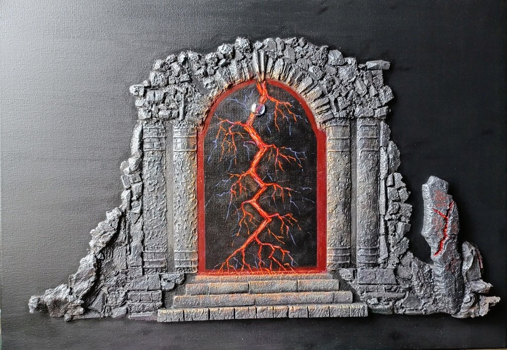 Uniek 3D Schilderij: Mysterieuze Poort met Bliksem, Antiek en Kunst, Overig onderwerp, 3D-effect, Ophalen of Verzenden, Gemengde techniek