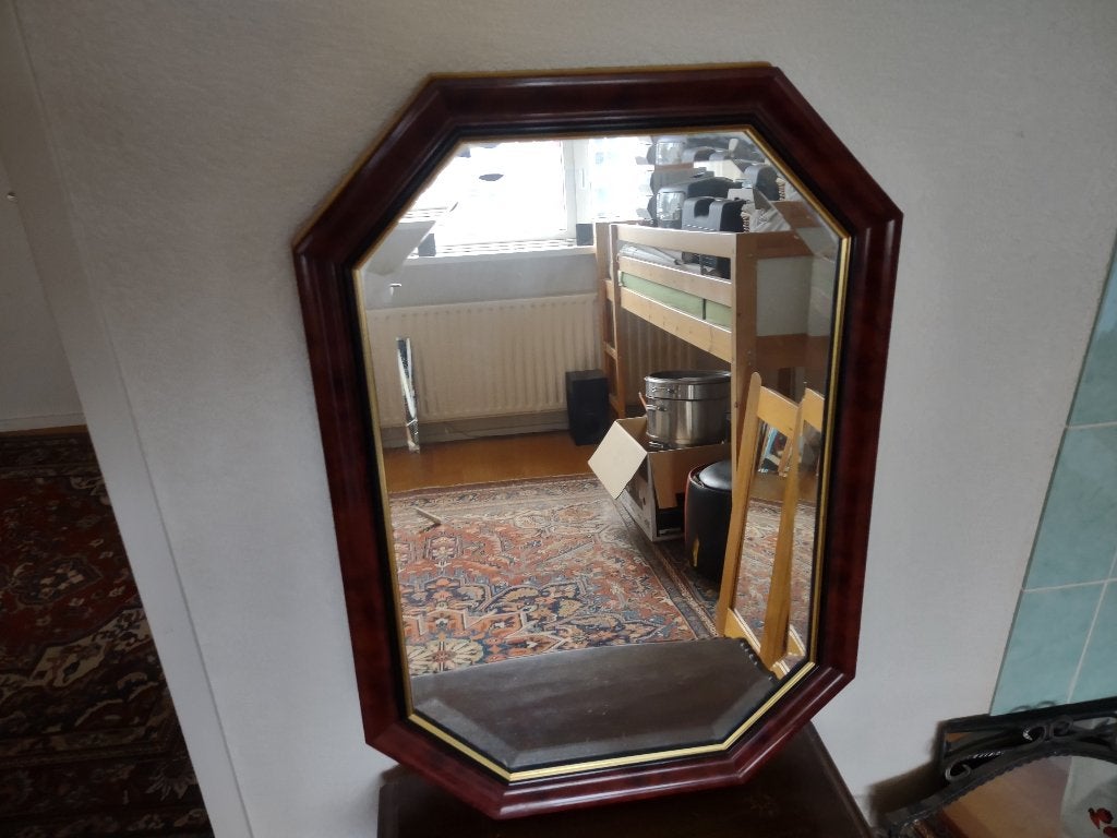 Achthoekige facet geslepen spiegel met houten lijst, Ophalen, Minder dan 50 cm, Zo goed als nieuw, Minder dan 100 cm